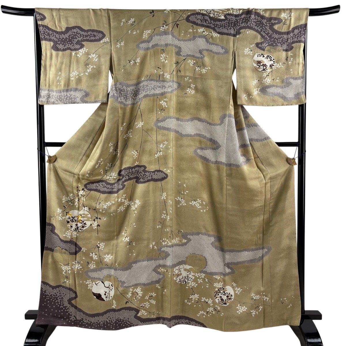 美品】 訪問着 身丈165.5cm 裄丈67cm M 袷 枝花 団扇文 金糸 金彩 薄茶