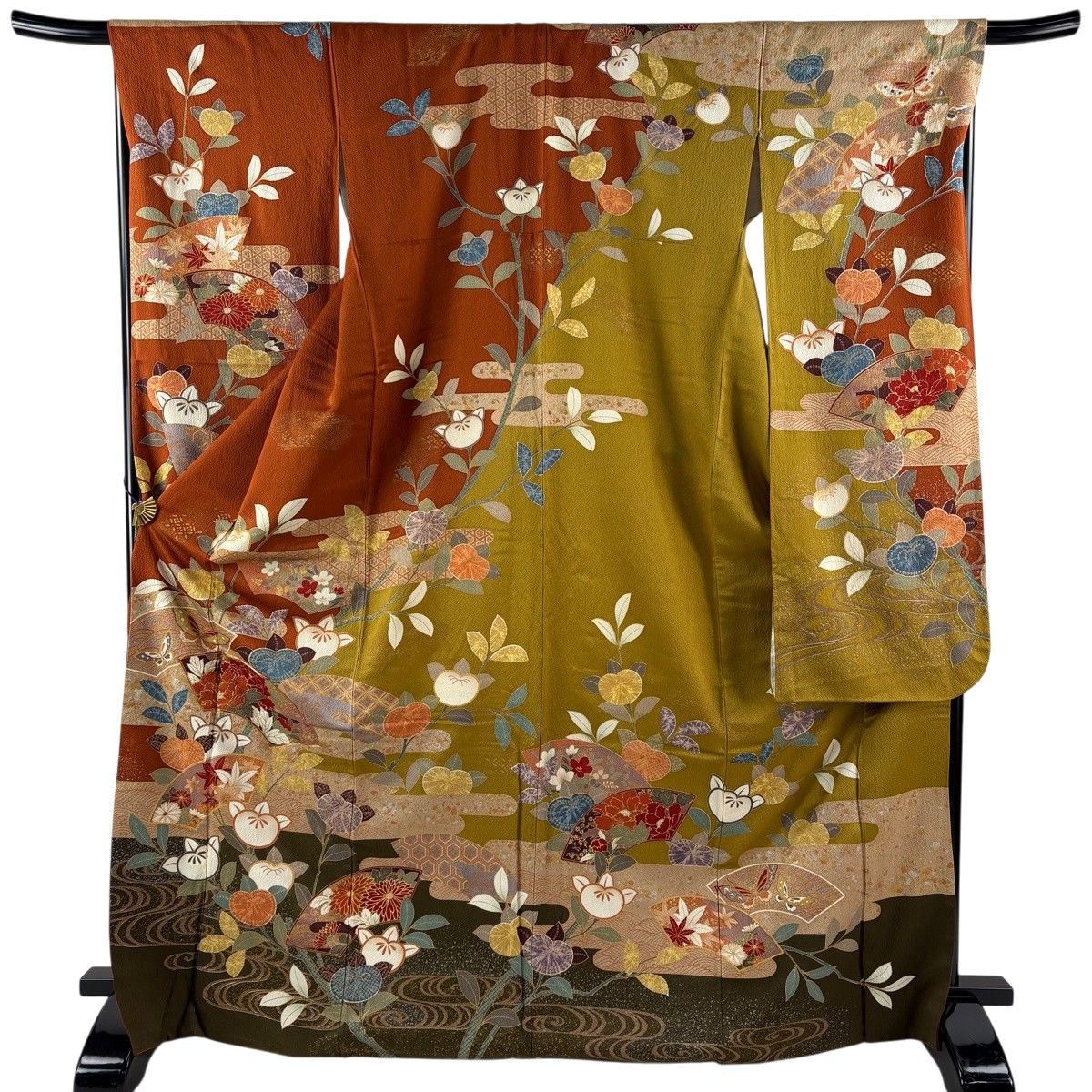 振袖 身丈171cm 裄丈67.5cm L 袷 扇面 橘 金糸 金銀彩 赤茶 正絹 名品 【中古】