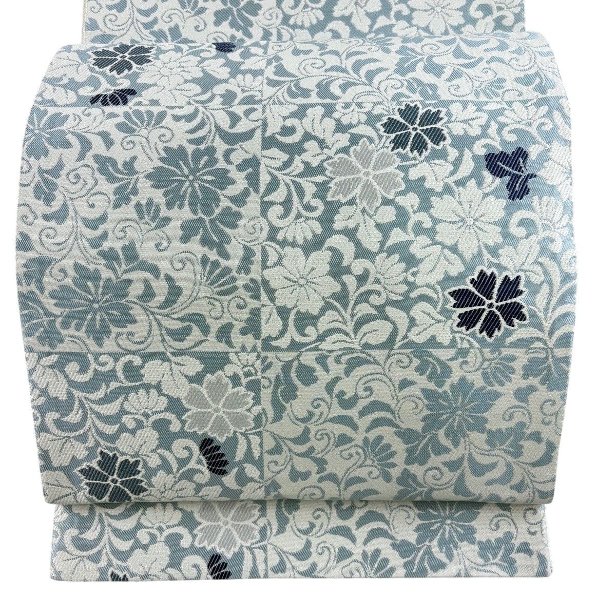 【美品】 袋帯 名品 花唐草 市松 水色 六通 正絹 【中古】