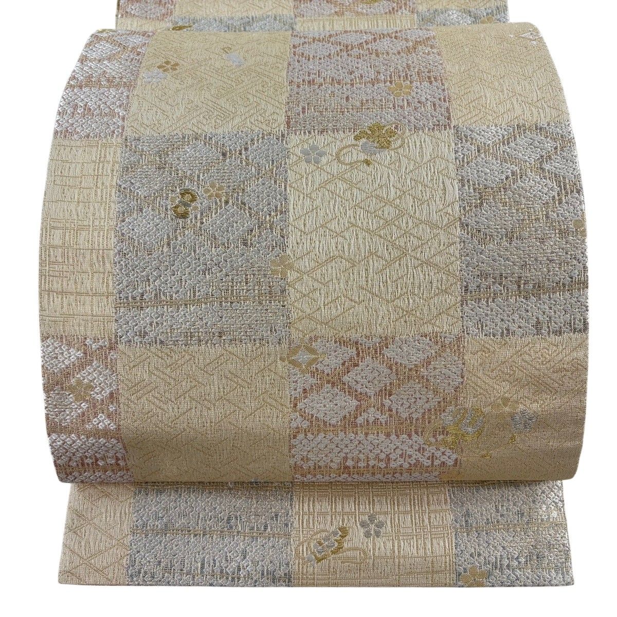 袋帯 名品 やまと 宝尽くし 市松 金銀糸 箔 薄茶色 六通 正絹 【中古】 10,626円