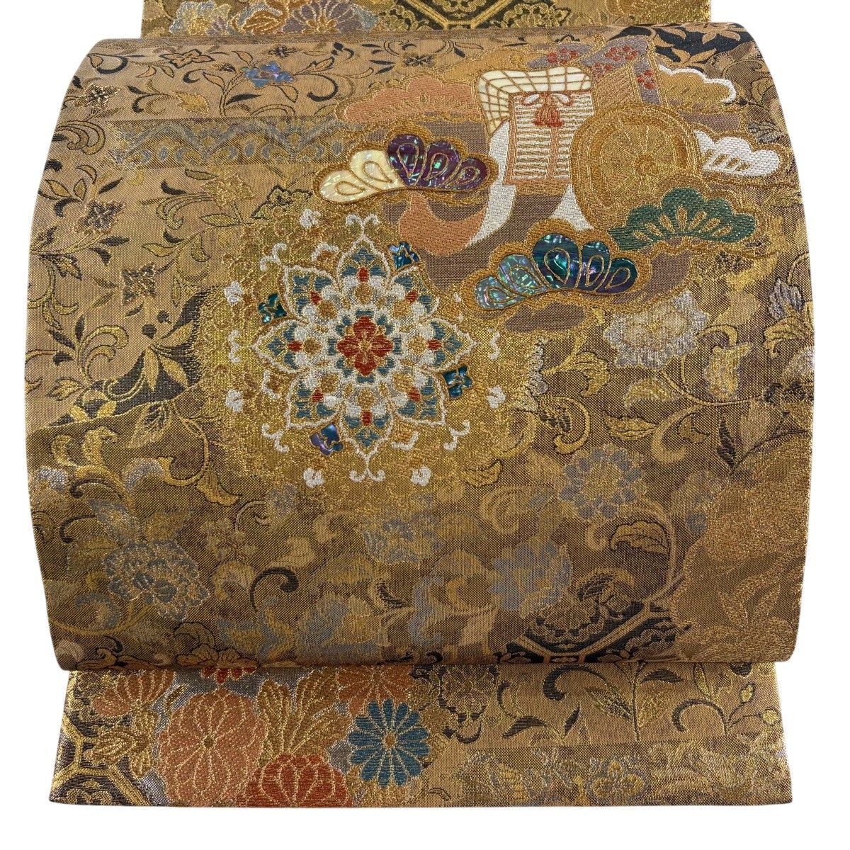 袋帯 名品 御所車 花唐草 螺鈿 箔 金茶 お太鼓柄 正絹 【中古】