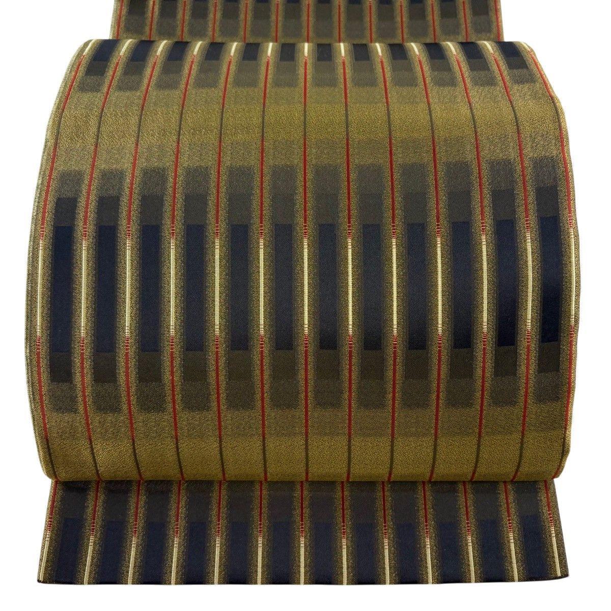 【美品】 袋帯 名品 縞 幾何学模様 茶緑色 全通 正絹 【中古】