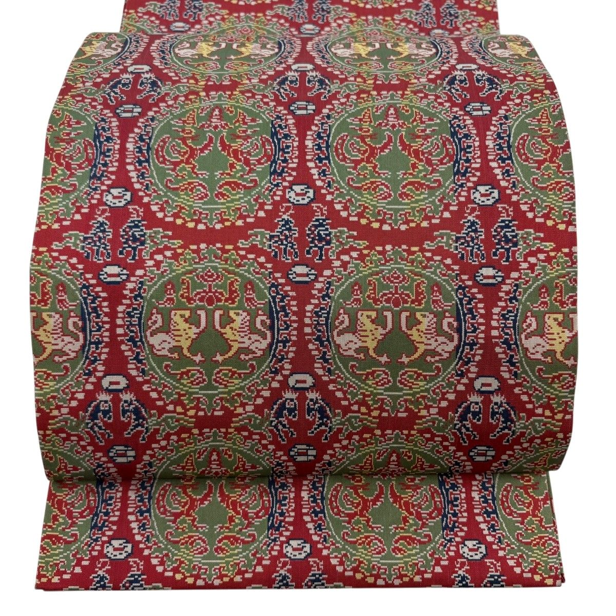 【美品】 開き名古屋帯 名品 龍村美術織物 比翼仕立て 円文白虎朱雀錦 赤 正絹 【中古】