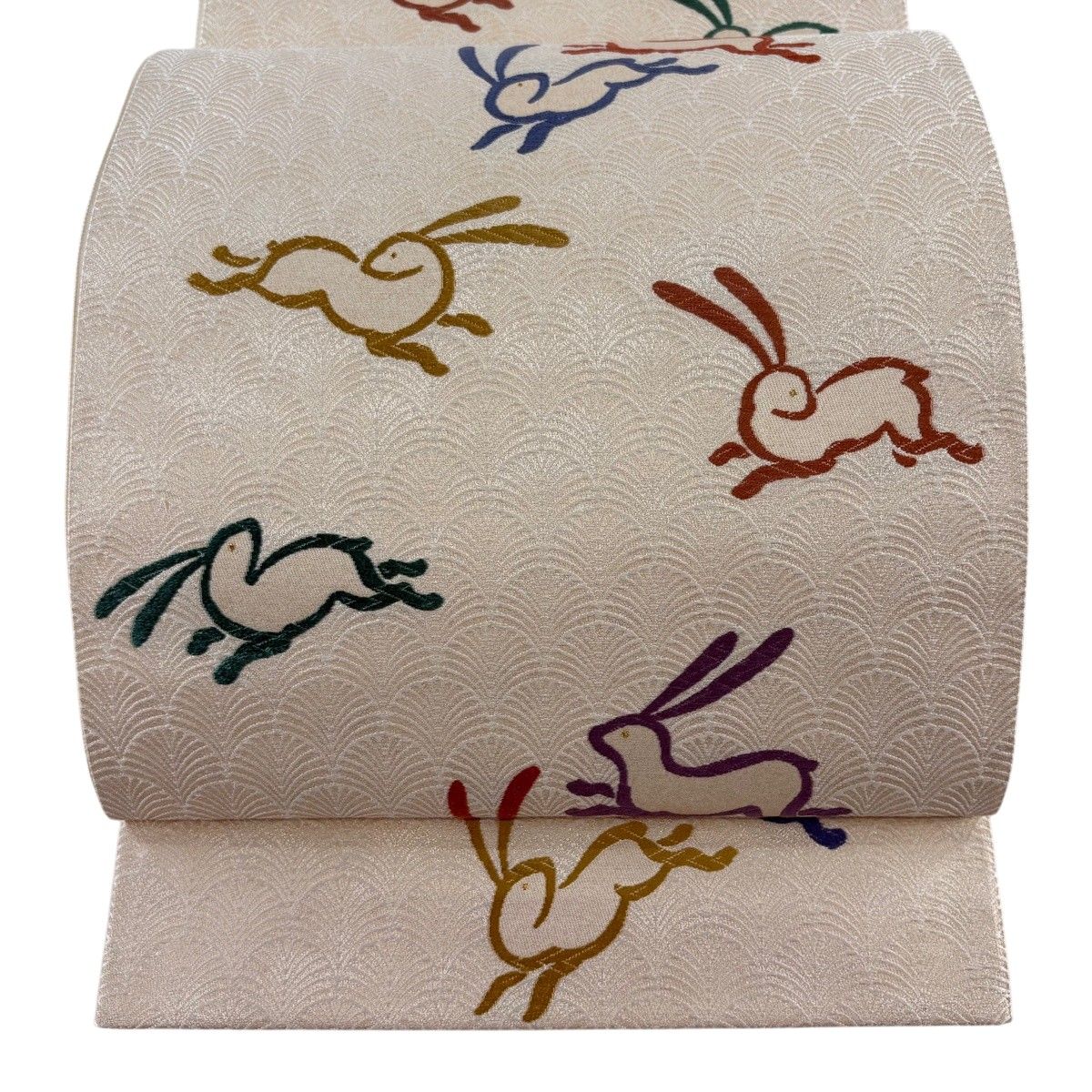 【美品】 袋帯 名品 じゅらく 落款 うさぎ 青海波 唐織 箔 クリーム 六通 正絹 【中古】 12,166円