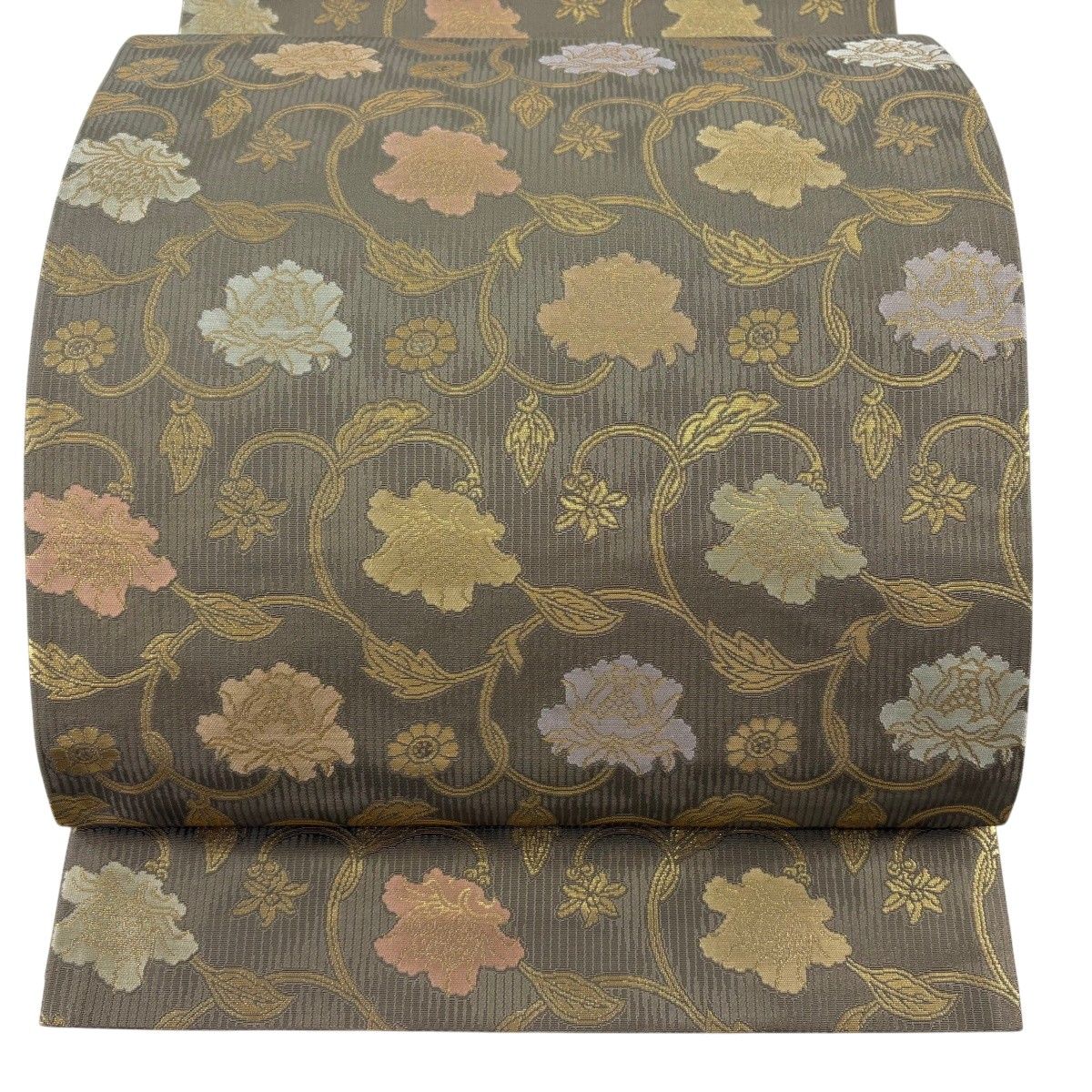 【美品】 袋帯 名品 牡丹唐草 箔 薄茶色 六通 正絹 【中古】
