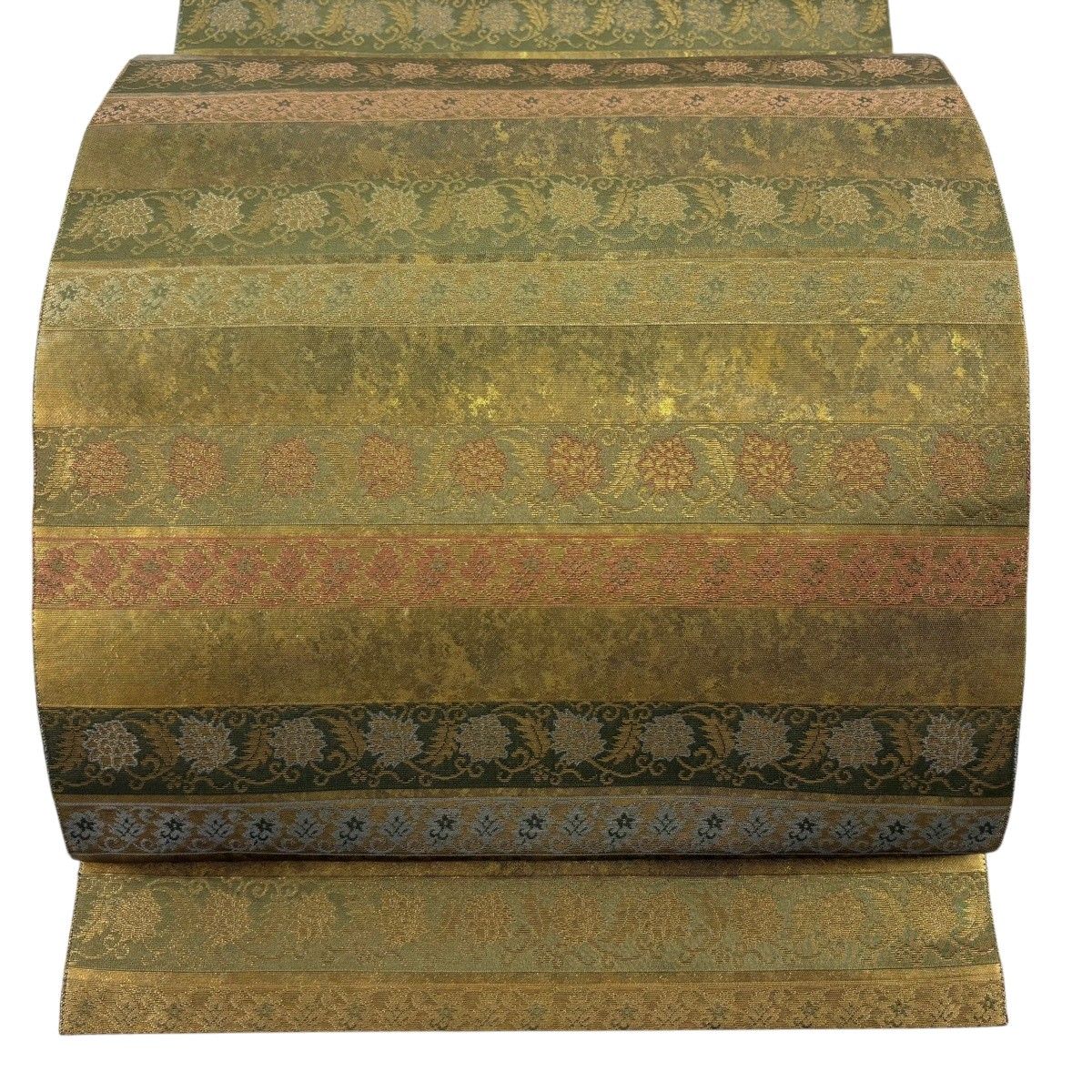 【美品】 袋帯 名品 箔屋清兵衛 落款 名物裂間道 箔 茶緑色 お太鼓柄 正絹 【中古】