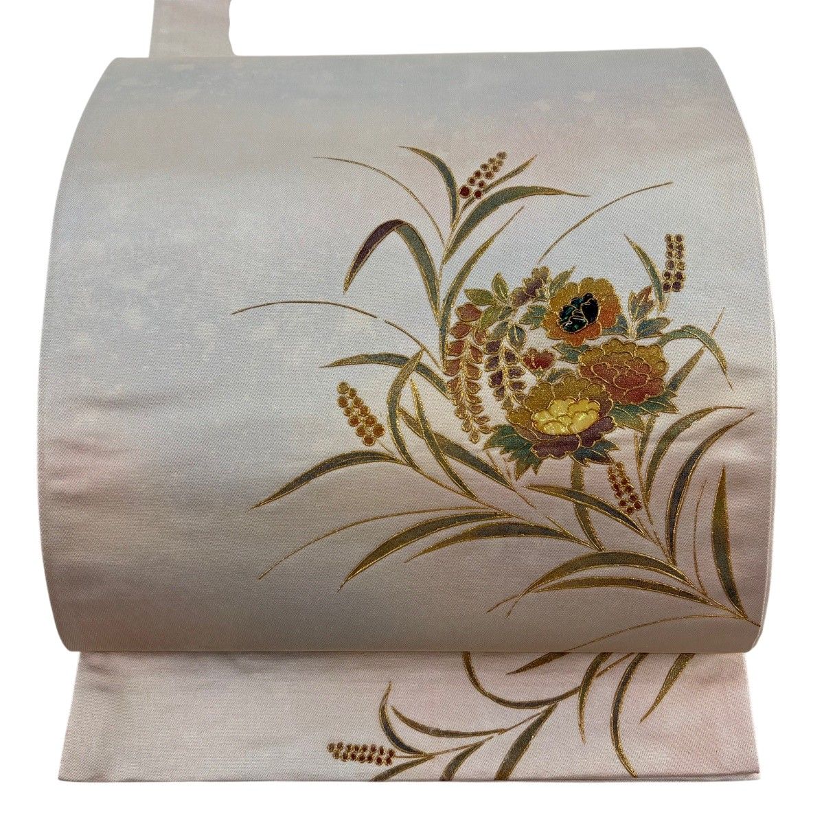 袋帯 名品 草花 螺鈿 金彩 薄ピンク お太鼓柄 正絹 【中古】