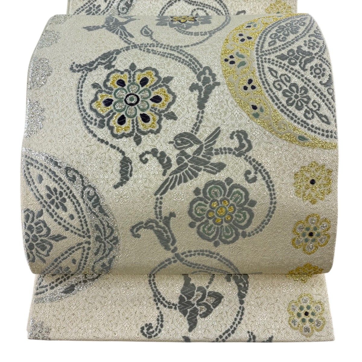 【美品】 袋帯 名品 花唐草 鳥 唐織 箔 クリーム 六通 正絹 【中古】