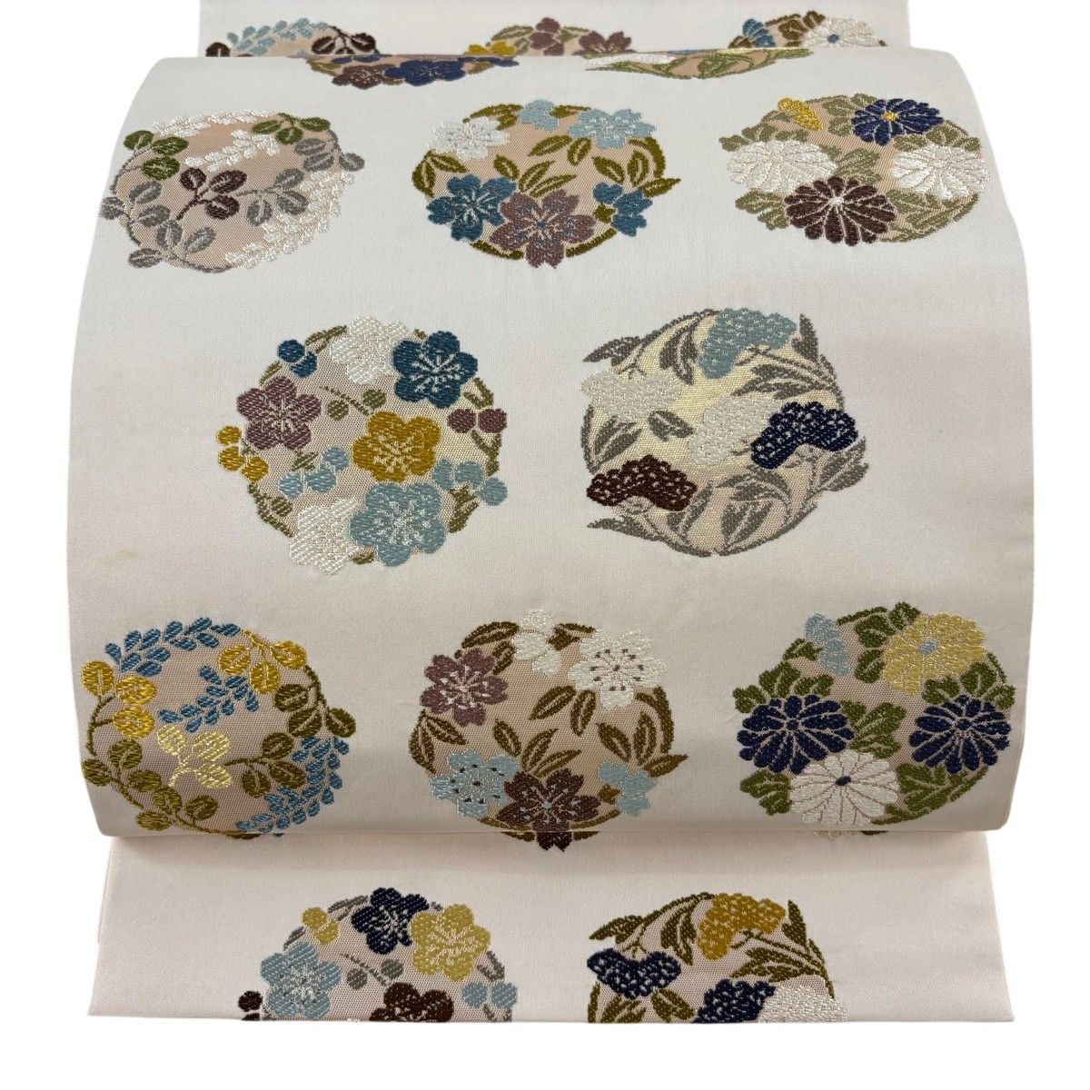 袋帯 名品 落款 岩井友見 花丸文 唐織 箔 クリーム 六通 正絹 【中古】