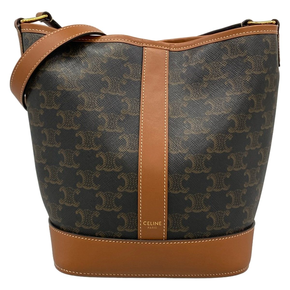 CELINE(セリーヌ) ショルダーバッグ トリオンフキャンバス スモール バケット 黒×ブラウン レザー