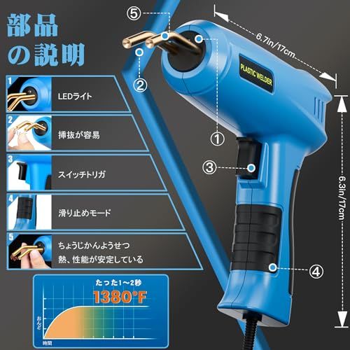 Richcat 200Wハイパワーバンパー補修用プラスチック溶接機キット、自動車 カーバンパー修理溶接 、2in1プラスチック溶接機、ホッチキス溶接機、1~3秒高速加熱、7種1010本の溶接釘、 88本プラスティックの溶接棒、耐久性、使いやす 01227c89