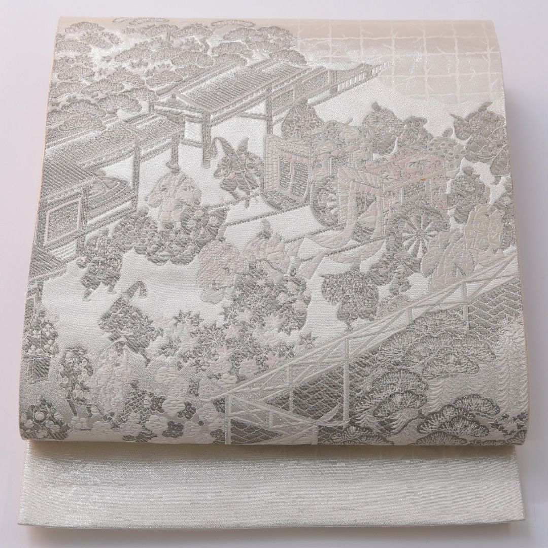 特価！袋帯 帯丈436cm 正絹 六通 フォーマル 平安絵巻 御所解 吉祥文様 銀系 白系 1243-01965
