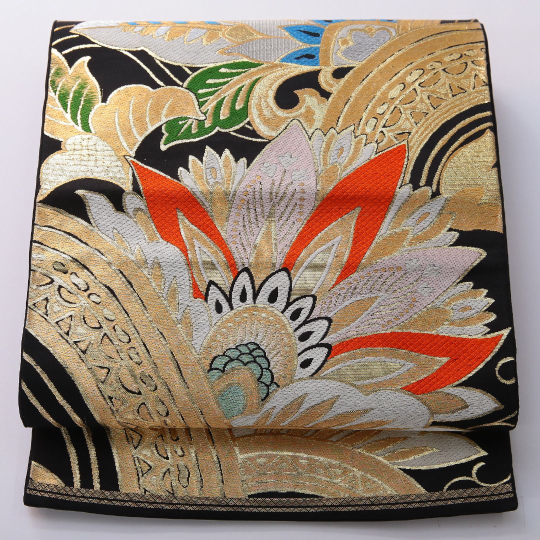 特価！アンティーク 袋帯 帯丈412cm 正絹 六通 鏡裏文 黒系 1243-01997