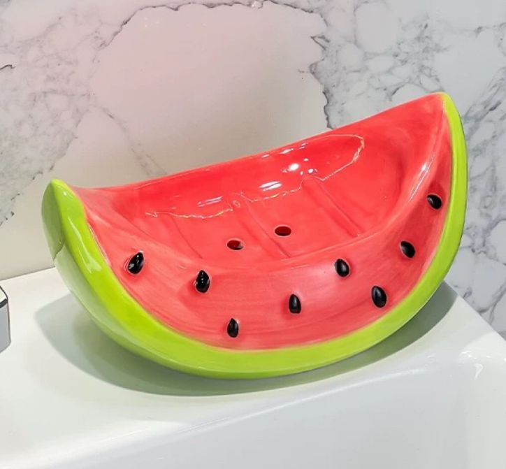 陶器製 ソープディッシュ スイカ型 石鹸置き 洗面所 バスルーム 水切りトレー