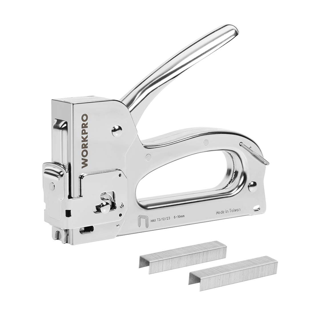 WORKPRO ガンタッカー ハンドタッカー ステープルガン ホッチキス 【台湾製】 ケーブルタッカー ハンドルロック機能 3in1 替針 200本付き 木工用 DIY 壁紙補修 革シート補修 木材裏止め 大工 家具kk 0c864f9a