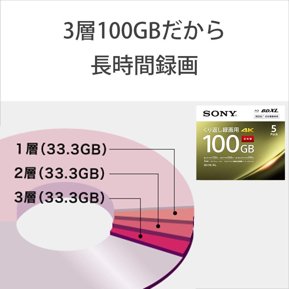 ソニー 日本製 ブルーレイディスク BD-RE XL 100GB (1枚あたり地デジ約12時間) 繰り返し録画用 10枚入り 2倍速ダビング対応 ケース付属 10BNE3VEPS2 [単品] [10枚(120時間)]