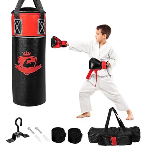 GYMAX サンドバッグ 自宅用 子供用 吊り下げ 20cm*60cm サンドバック パンチングバッグ ボクシンググローブ&収納バッグ&ハンドラップ付き 中身調整可能 手首保護 格闘技 ボクシング練習 散打 キック 空手 ストレス発散 運動不 d35727c5