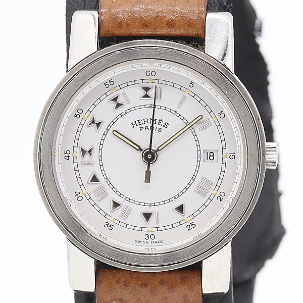 良品 箱付 稼働 エルメス キャリック 538074 QZ ホワイト文字盤 デイト レディース腕時計 0090200 4BJT ABC23697 TAM 25,200円