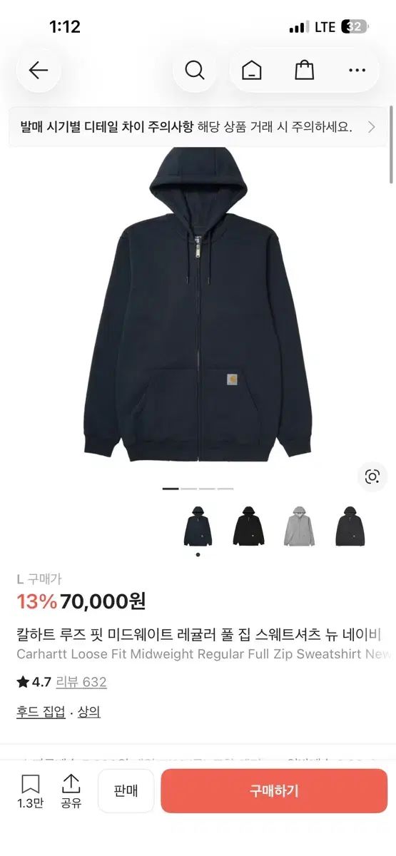 Carhartt カーハート ルーズフィット フードジップアップ ネイビー L