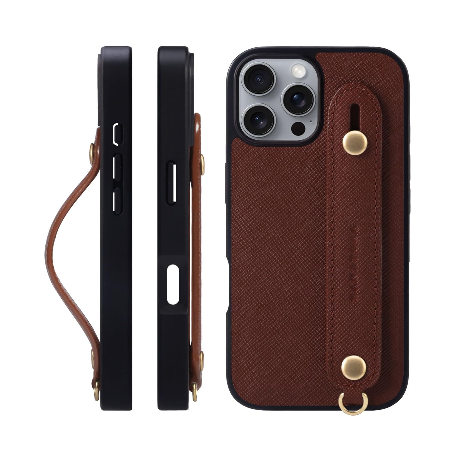新品 HANATORA for iPhone 16Pro ケース 本革 耐衝撃 背面ベルト ストラップリング スマホケース スマホ スタンド機能 ガラスフィルム 付き サフィアーノ レザー ギフト マグネットなし ブラウン XGH-16Pro-Brown
