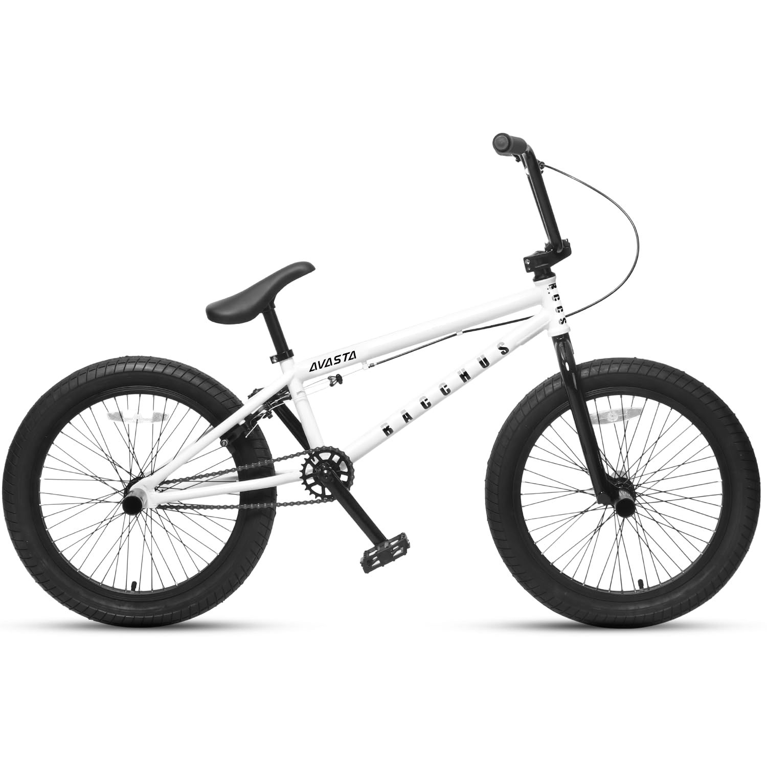 新品 【AVASTA】BacchusフリースタイルBMX自転車 2.4×20インチ太目タイヤ 高炭素鋼ハイテンスチールフレーム パフォーマンス対応4本ペグ付属 初心者ジュニア向き 小学生中学生大人用 街乗り前後uブレーキ ベーシックモデル ツヤホワイト白