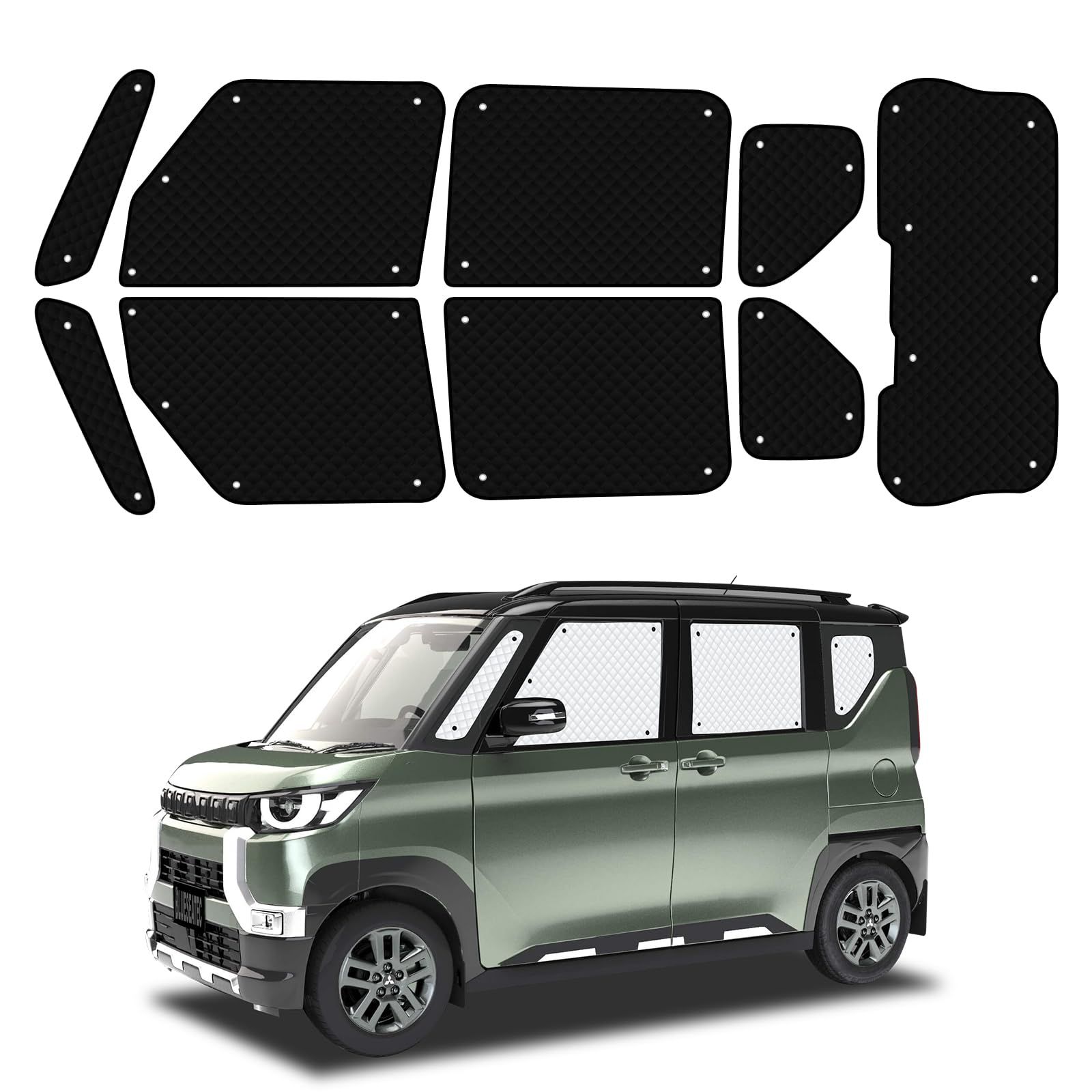 新品 BLUESEATEC 三菱 デリカミニ Ｂ３系 遮光 カーテン 断熱 露天駐車 着脱簡単 B34A/B35A/B37A/B38A R5.5-現行 吸盤設計 車種専用設計 車中泊 日除け 収納袋付き 9枚セット