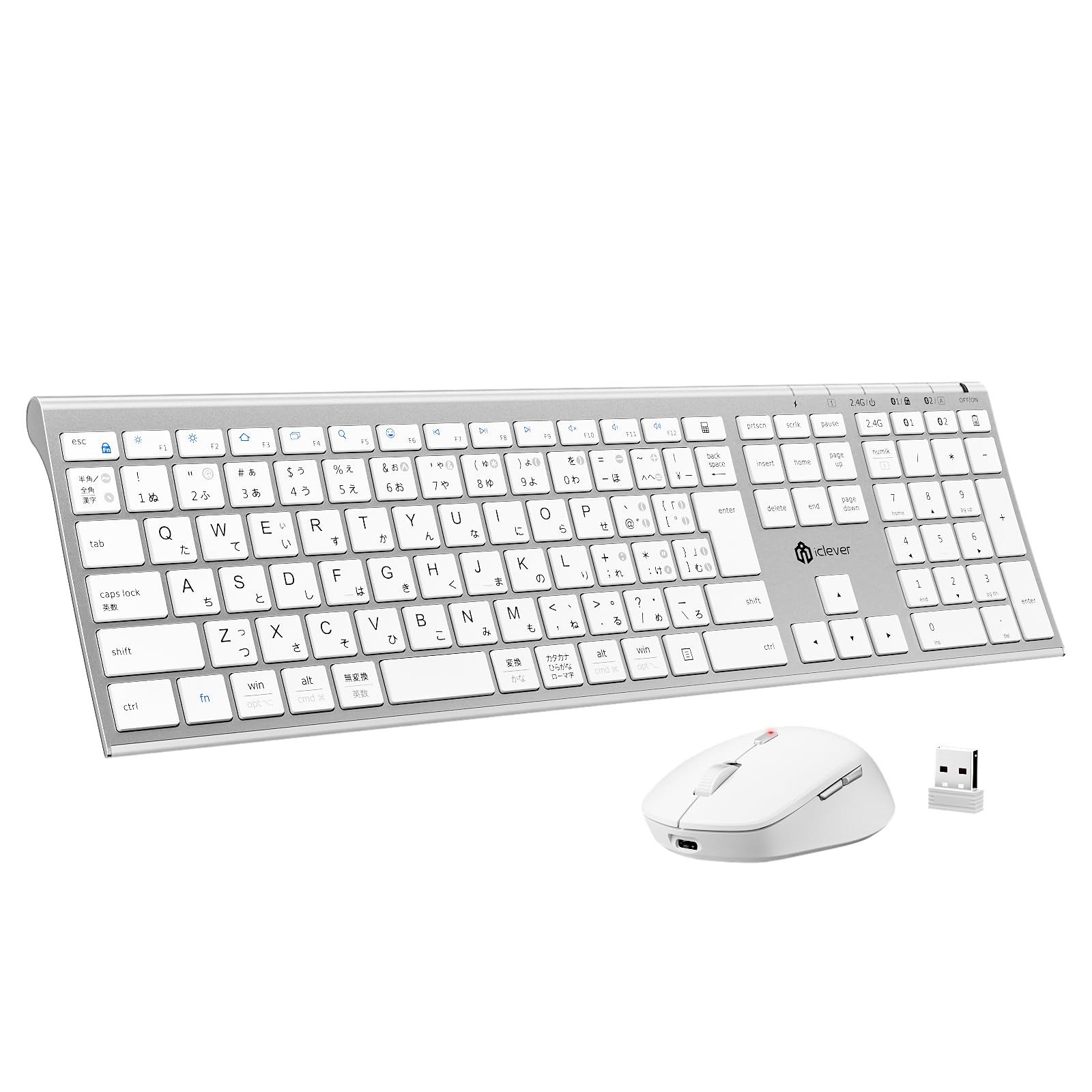 新品 iClever キーボード マウスセット ワイヤレス Bluetooth＆2.4G JIS日本語配列 フルサイズ テンキー付き マウス4段調節可能DPI 静音 薄型 軽量 無線 Type-C充電式 パンタグラフ式 デュアルモード パソコンPC Windo