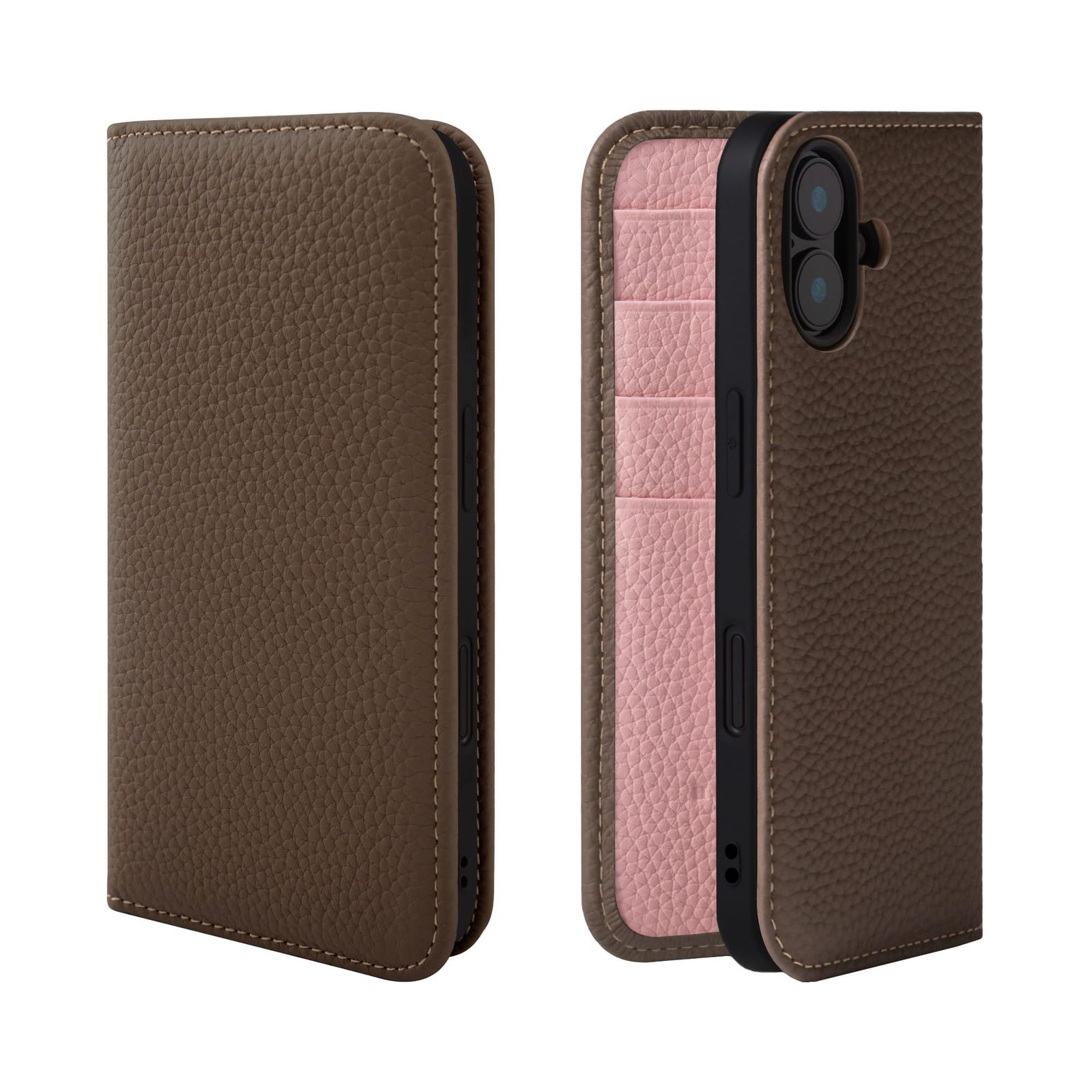 新品 HANATORA for iPhone 16Plus ケース 手帳型 本革 スマホケース スマホ スタンド コードホルダー 付き シュリンクカーフレザー マグネットなし トープ + ピンク PH-16Plus-Taupe-PK ギフト 誕生日 女性 男性