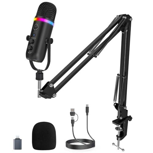 ZeaLSound USBマイクセット、PCマイク、ノイズキャンセリング コンデンサーマイク タッチミュート、エコー、モニタリング、会議用 ゲーム 実況 タブレット RGBライト録音用*Phone、Pad、PC、ポッドキャスト、ストリーミング e022065f