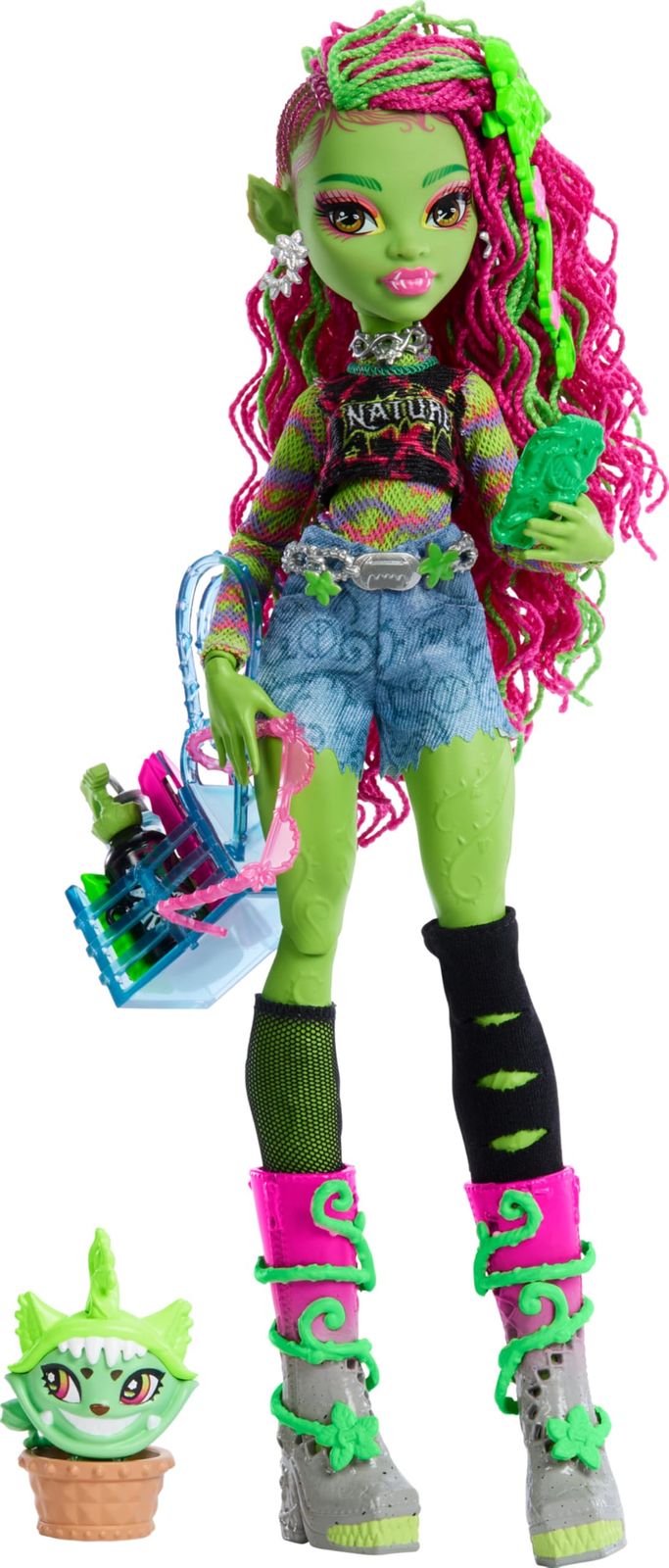 新品 Monster High Venus McFlytrap人形、植物モンスター ペット猫チューリアン&バックパック、ノートブック、スナックなどのアクセサリー付き