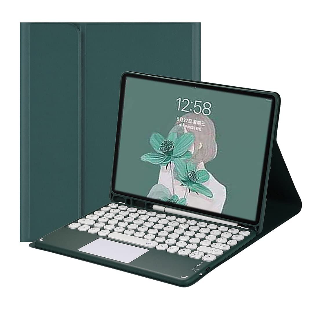 新品 iPad10.2キーボードケース iPad第7/8/9世代/Air3/Pro10.5兼用bluetoothキーボード付きケース タッチパッド搭載 丸型キー apple pencil収納 全面保護 濃い緑