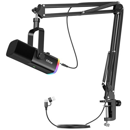 FIFINE XLR/USB ゲーミングマイクセット ストリーミング ポッドキャスト用 ダイナミックマイク PCマイク ブームアームスタンド付き RGB機能付き ミュートボタン ヘッドフォンジャック ボーカル ボイスチャット 録音 配信 実況 67c1803b
