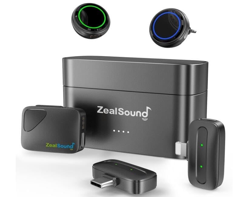 ZealSound ピンマイク ワイヤレス - 3 TX + 2 RX + 充電ケース、USB-C/Lightning/カメラ、iPhone/Android/PC用ワイヤレスマイク、瞬時接続、ノイズキャンセリング、40時間使用、48Khz/2 d2604a1e