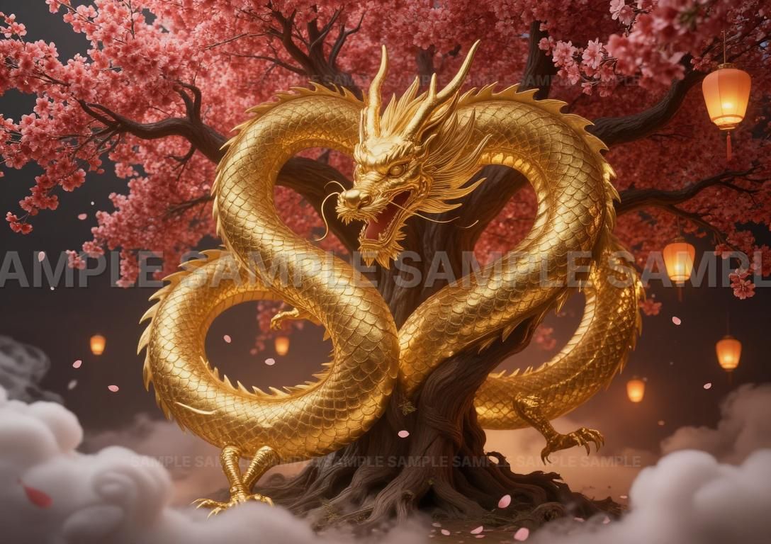 開運AIアート】2L判 【昇龍の如く運気上昇】金龍 桜 満開 縁起物 開運