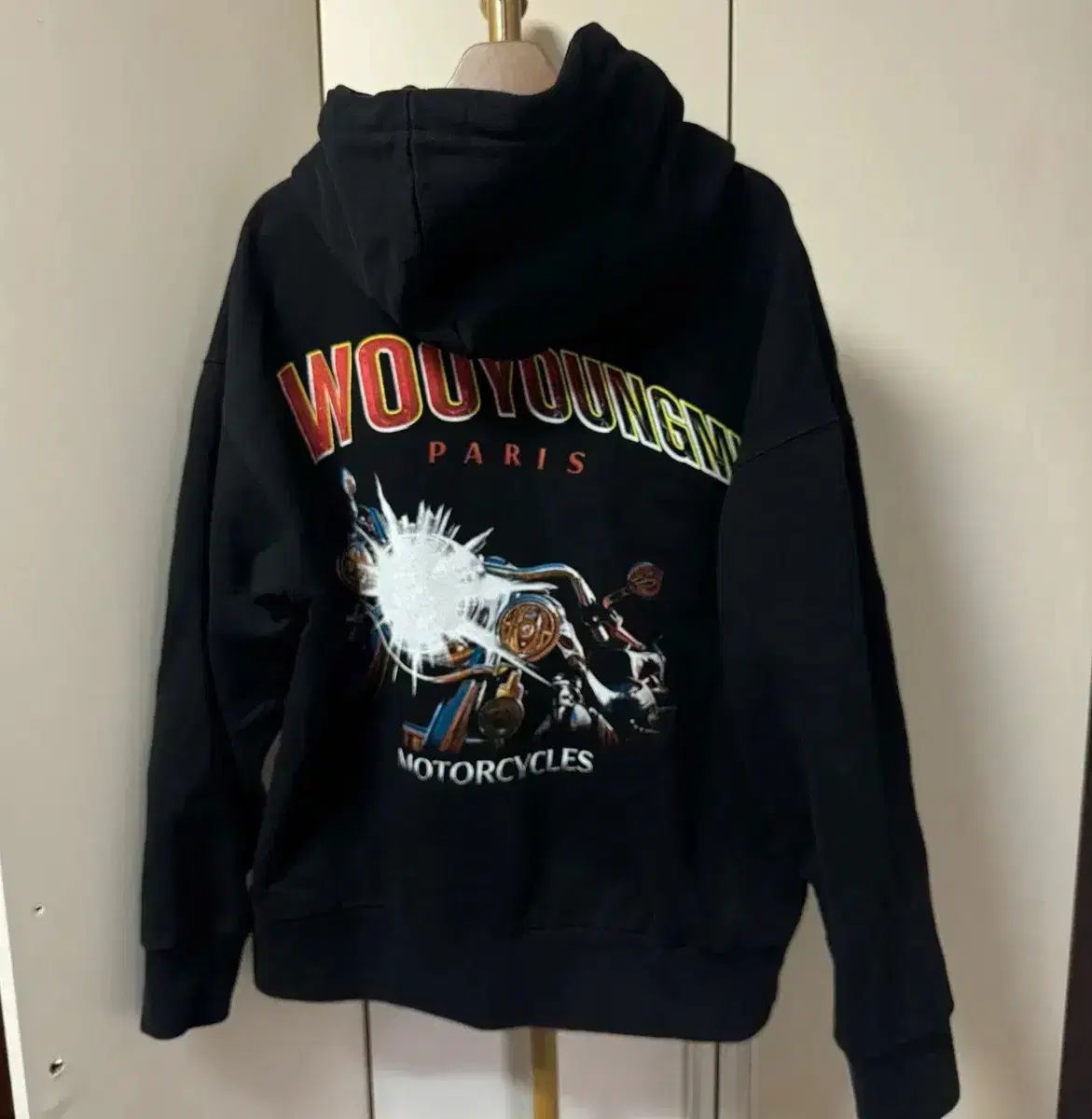WOOYOUNGMI ウーヨンミ ライダースジャケット バイク バックロゴ フーディー ブラック