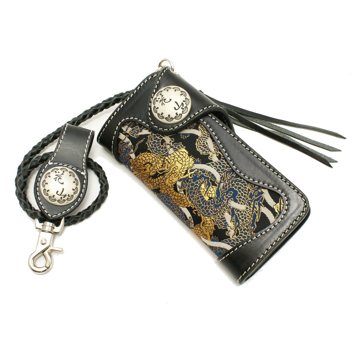 新品 [デグナー] 花山 和柄 レザー ロングウォレット ウォレットロープ付 オートバイ用 アクセサリー 龍 ブラック W-9AK