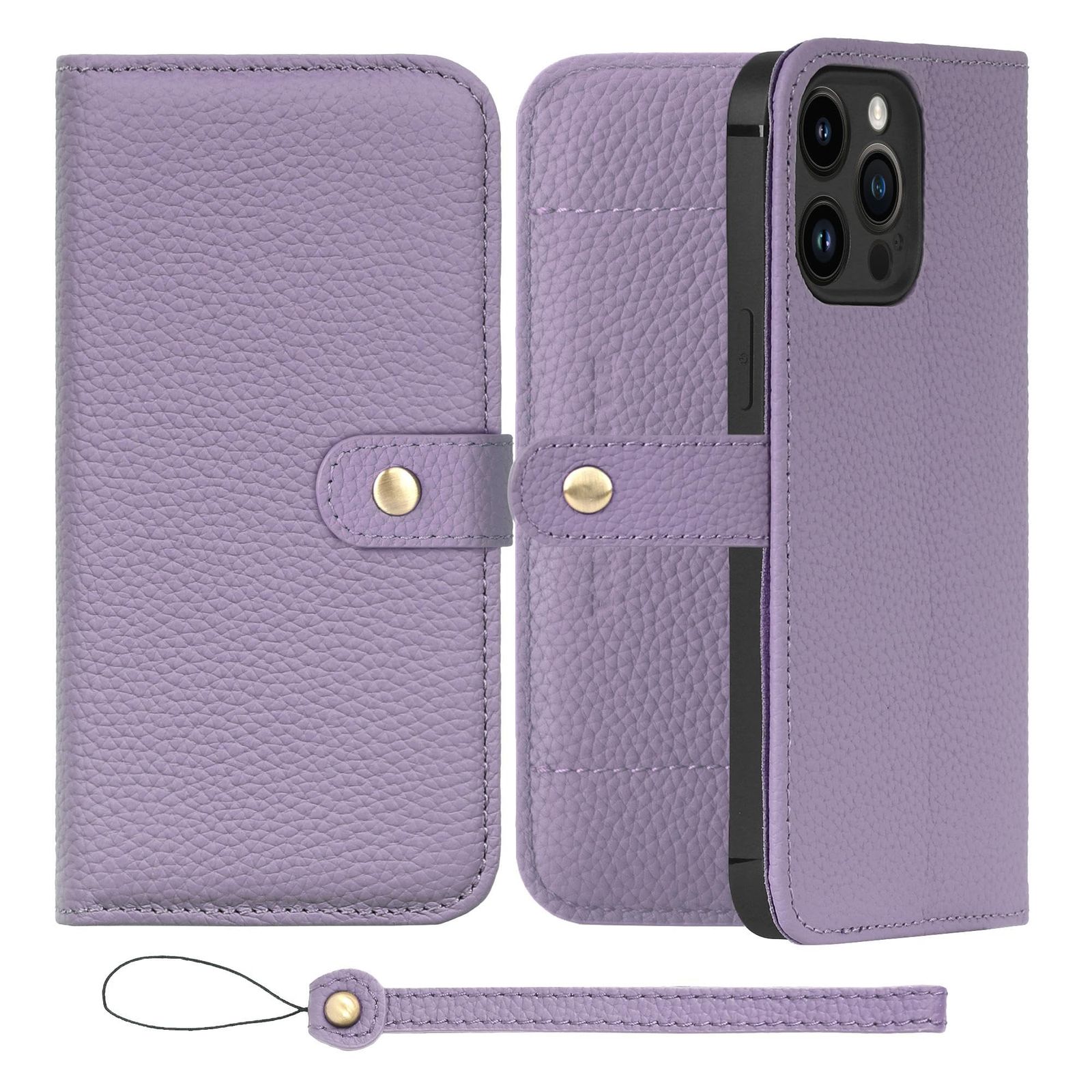 新品 HANATORA for iPhone 14ProMax ケース 手帳型 本革 スマホケース スマホ スタンド ストラップ 付き シュリンクカーフレザー ベルトあり マグネットなし パープル H1SPB-14ProMax-Purple ギフト 誕生日 女