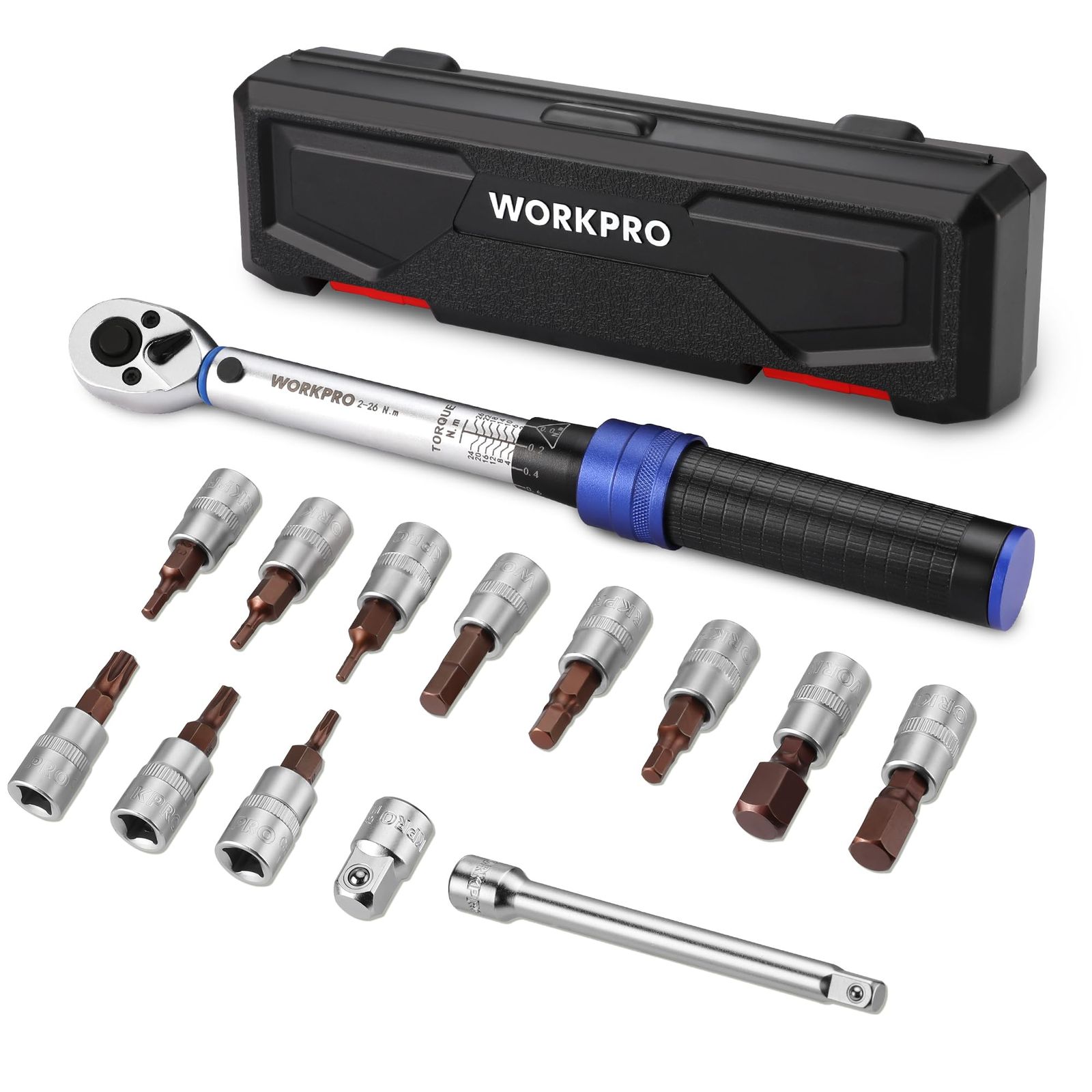 WORKPRO トルクレンチ 14点組 差込角6.35mm(1/4インチ) プレセット型 ビットソケット エクステンションバー付き 2?26N・m 回転方向切替簡単 速脱ボタン 自転車 バイク 修理レンチ 整備工具 道具 収納ケース付き 校正 237bd89e