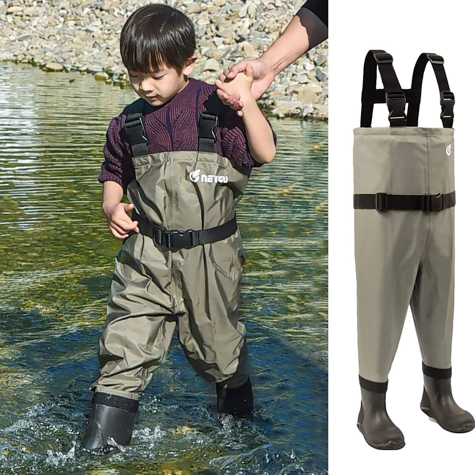 新品 NEYGUアウトドア 子ども用 単色フィッシングチェストウェーダー胴付長靴 強力防水通気 ユニセックス 可 (ダークグリーン 4T)