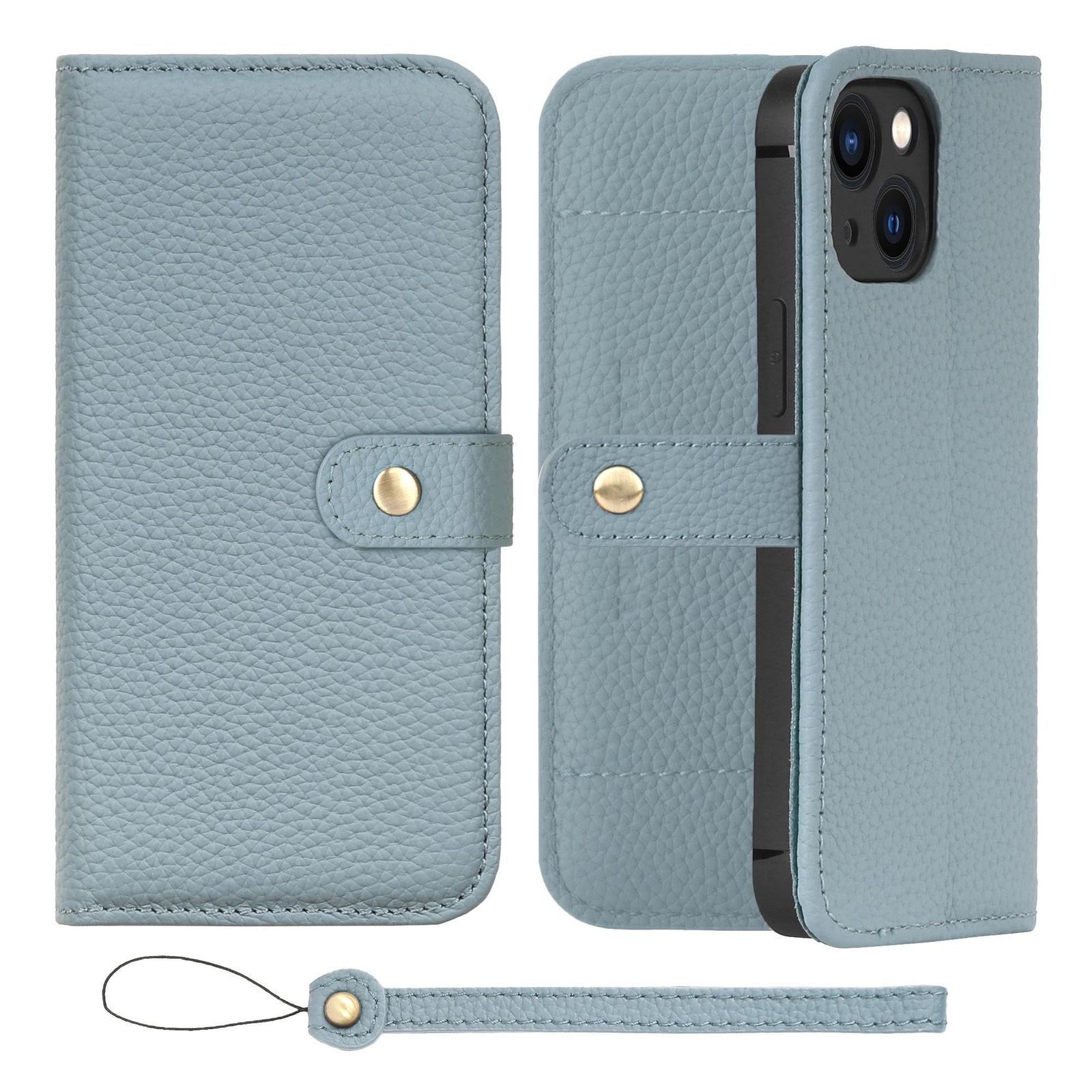 新品 HANATORA for iPhone 13mini ケース 手帳型 本革 スマホケース スマホ スタンド ストラップ 付き シュリンクカーフレザー ベルトあり マグネットなし ブルーグレー H1SPB-13mini-BlueGray ギフト 誕生日 女