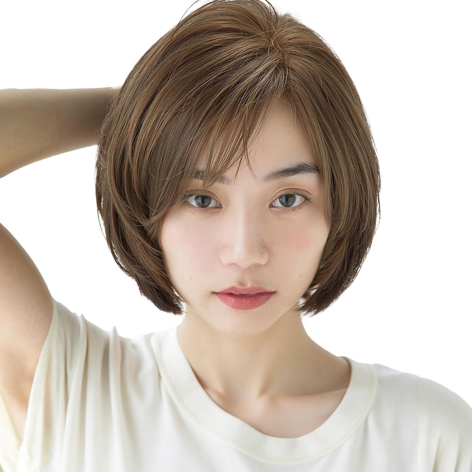 ショートヘア wig ふんわり ミルクブラウン 耐熱 ファッション かつら 女性 レディース 医療用ウィッグ フロントレースウィッグ フルウィッグ 人毛100 自然 人毛ウィッグ EMMOR
