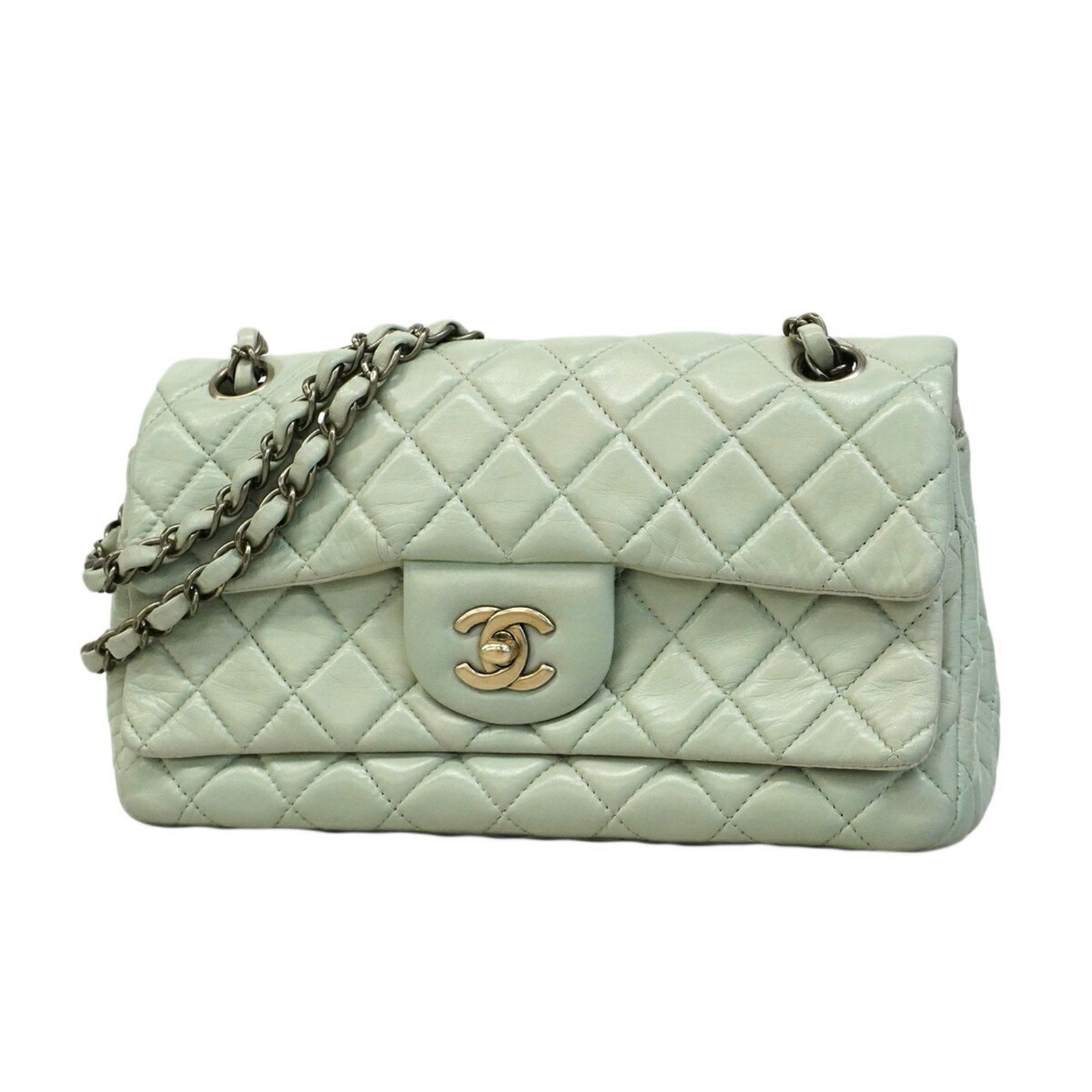 シャネル(Chanel) シャネル ショルダーバッグ マトラッセ Wフラップ Wチェーン ラムスキン ライトグリーン レディース