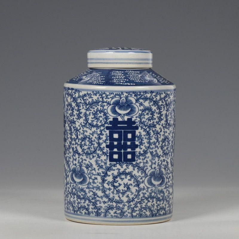 青花喜字の茶筒 景徳鎮 陶磁器 装飾品 現代工芸品 美術品 置物