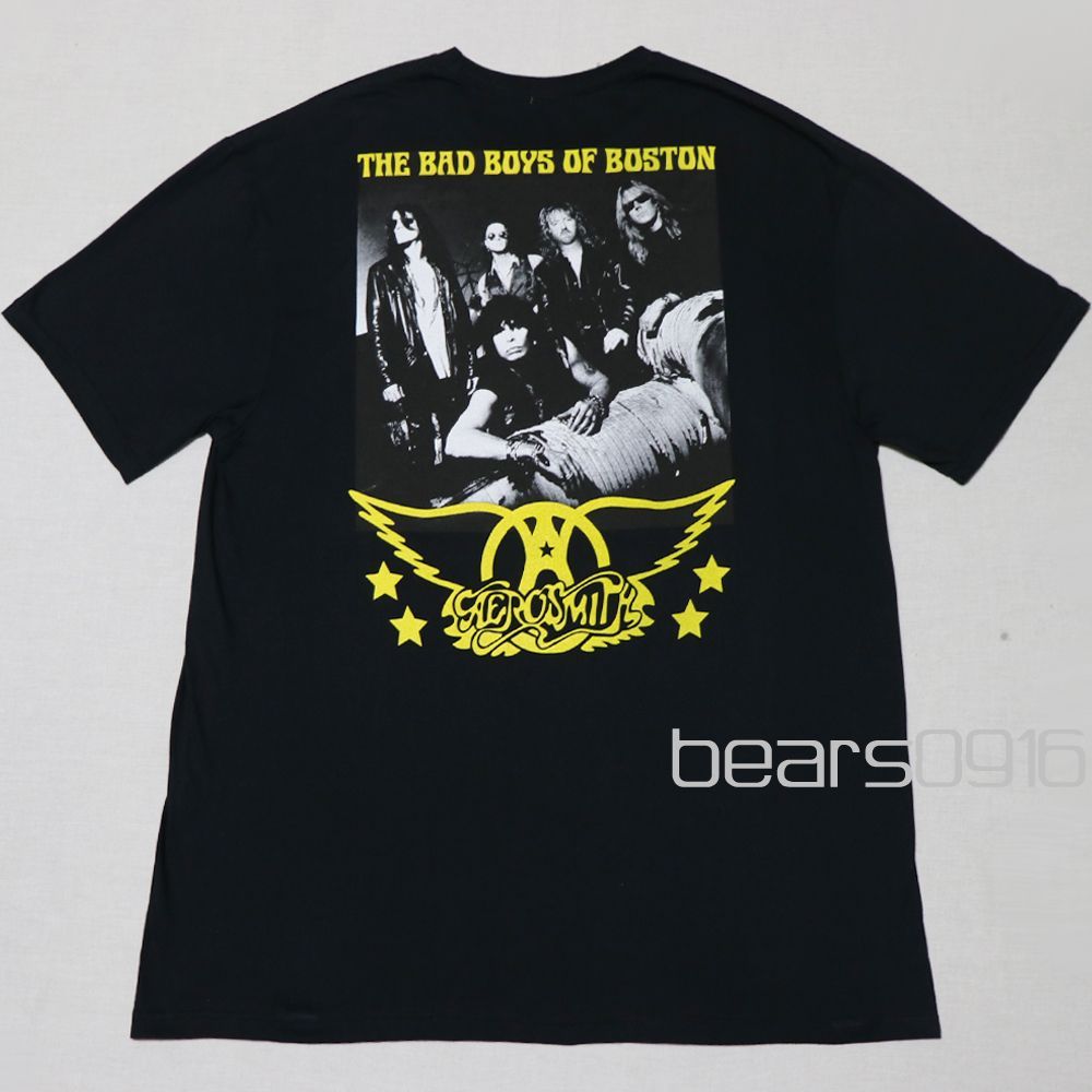 エアロスミス Tシャツ メンズ XL 2XL新品 未使用 AEROSMITH バンドTシャツ ロックT 両面プリント 左胸ミニロゴ バックプリント メンバーフォト 黄色ウイングロゴ 黒 正規品 アメリカ古着