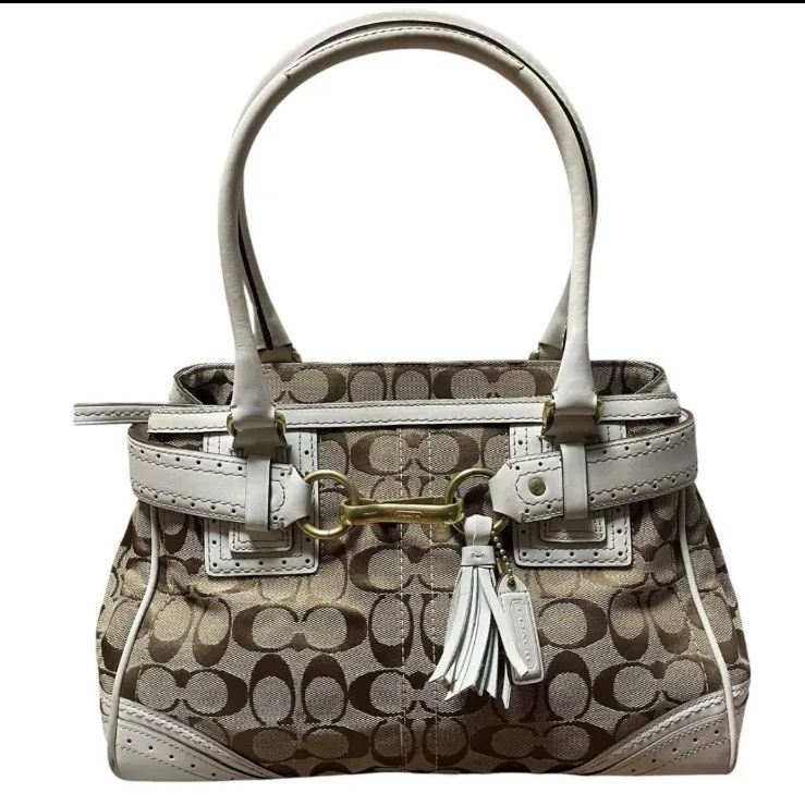 【美品】COACHコーチ　 ベージュ　ホワイト　シグネチャー　ハンドバッグ