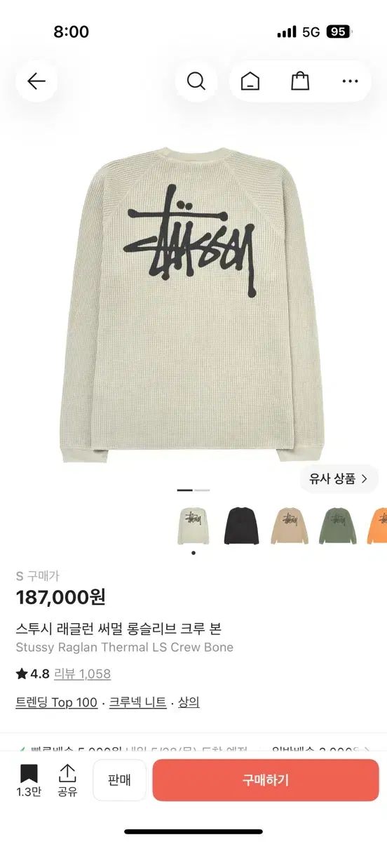 STUSSY ステューシー ラグランサーマル ロングスリーブ クルーネック (S)