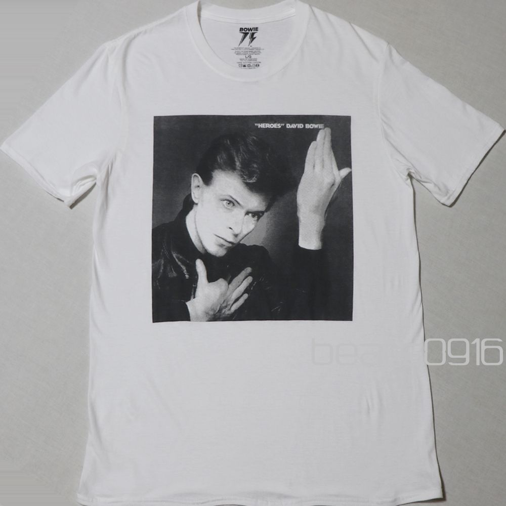 デヴィッドボウイ Tシャツ メンズ L XL タグなし新品 未使用 DAVID BOWIE バンドT Heroes ヒーローズ 白 ホワイト 生誕75周年記念 大判スクエアプリント ジャケット写真 正規品 アメリカ古着