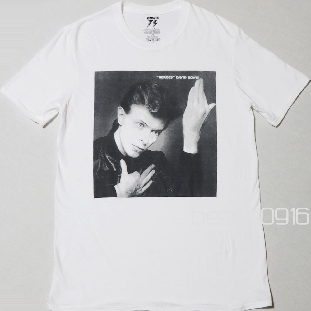 デヴィッドボウイ Tシャツ メンズ L XL タグなし新品 未使用 DAVID BOWIE バンドT Heroes ヒーローズ 白 ホワイト 生誕75周年記念 大判スクエアプリント ジャケット写真 正規品 アメリカ古着