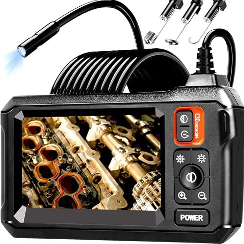 【新品】工業用内視鏡 (ファイバースコープ) 5m半剛性ケーブル 1080P HD 内蔵4.3型液晶モニター搭載 8灯LED IP67防水 充電式 スネークカメラ 清掃/配管点検/車両整備/設備検査用 (グレー＆ブラック) e63207f8