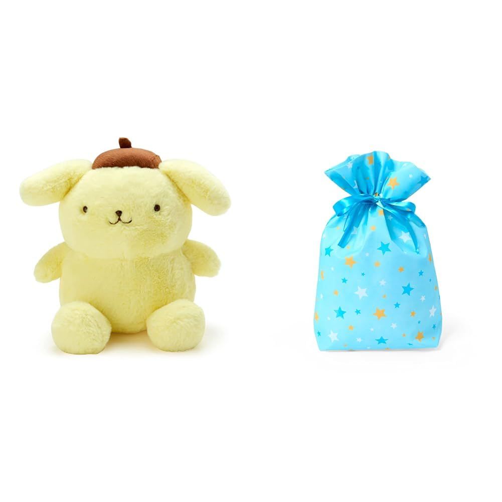 新品 サンリオ(SANRIO) ポムポムプリン ぬいぐるみ(スタンダード)M 853500 + サンリオ(SANRIO) ラッピング袋 リボンバッグ ブルー スター【セット】